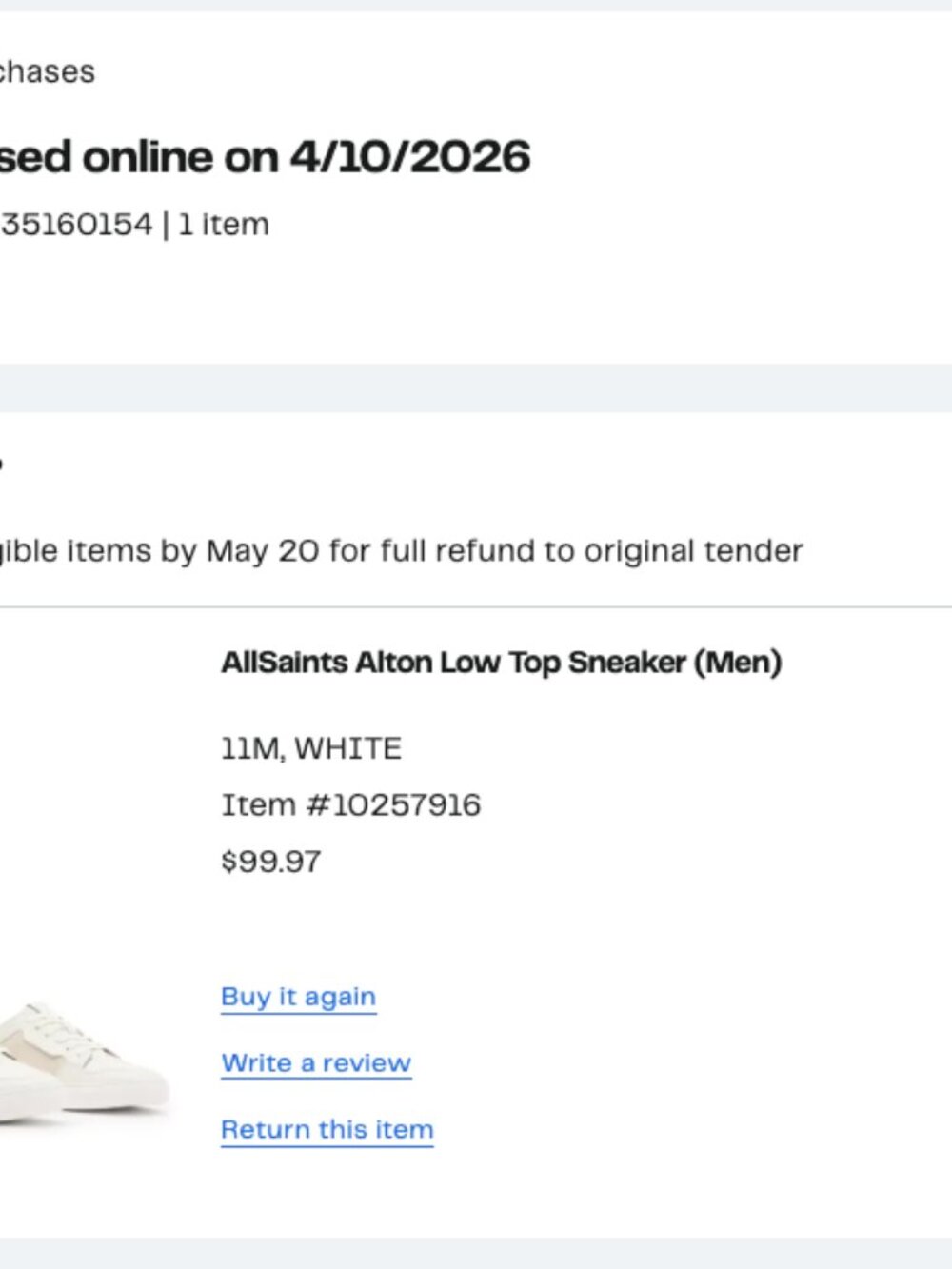AllSaints Alton Low Top Sneakers – White (Men’s US 11 / UK 10)